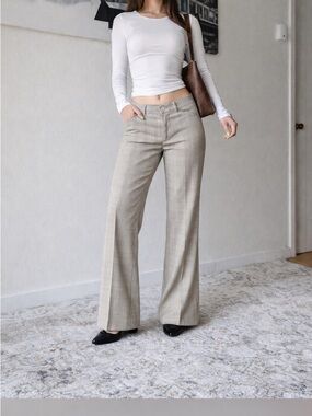 Y2K Beige Plaid Low Rise Flared Pants Office Siren Dressy